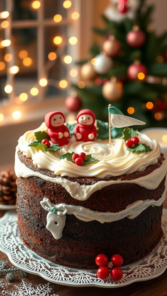 A festive Christmas cake decorated with icing and marzipan elves, set in a holiday-themed background.